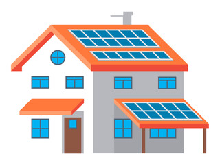 Renewable sustainable village building with photovoltaic solar panels roof power energy. Family house on urban city street. Isolated vector modern eco friendly home, smart technologies of future