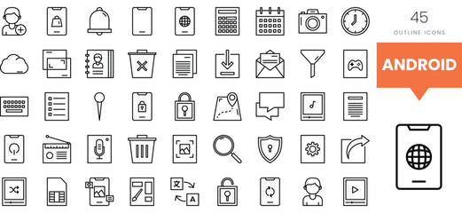 Collection of outline icons for digital and administrative applications.