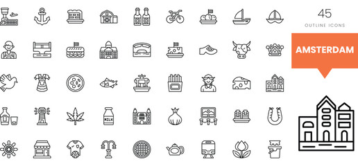 A collection of 45 outline icons representing the essence of Amsterdam's culture.