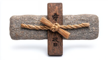 Traditional Japanese stone and wooden tool with rope binding