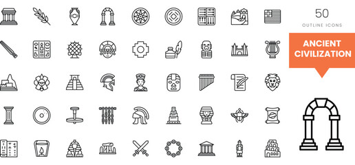 A collection of outline icons representing ancient civilization symbols and artifacts.
