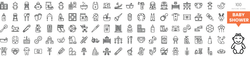 A collection of cute icons for a baby shower theme, featuring playful designs.