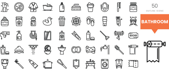 A collection of 50 bathroom-themed outline icons, depicting various essentials and accessories.