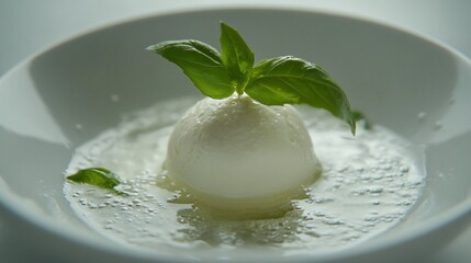 Close-up of a single scoop of white ice cream, garnished with fresh basil leaves, served in a shallow white bowl.