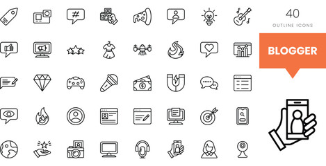Set of 40 outline icons representing various blogging themes and activities.