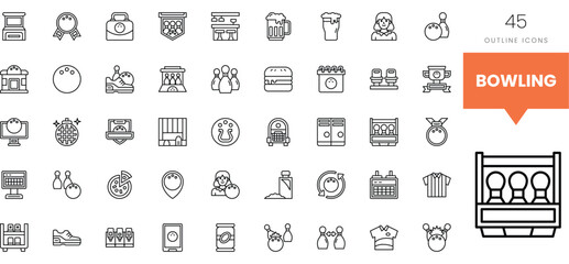 A collection of bowling-themed outline icons featuring various elements of the game.