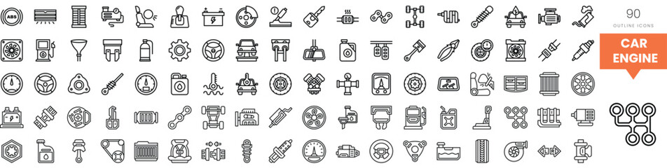 Vector outline icons of car engine components in a structured layout