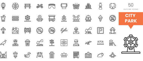 A collection of 50 city-themed outline icons depicting various urban elements.