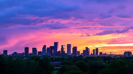 Vibrant sunset over cityscape, trees in foreground, dramatic sky; ideal for travel, real estate, or city guide brochures