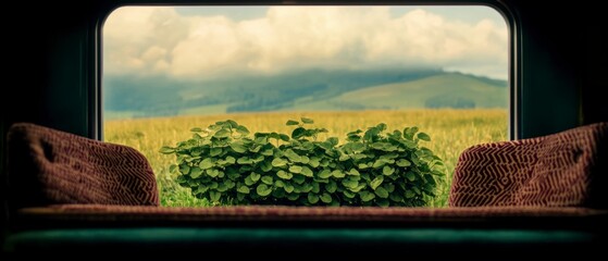 Scenic Train Journey  Lush Green Plants  Countryside View