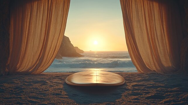 Sunset beach surf board scene, ocean view, curtains