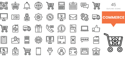 A collection of outline icons representing various commerce concepts and services.