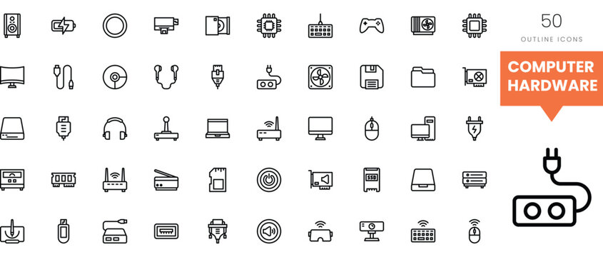 Vector icons of computer hardware and peripherals in a clean, organized layout.