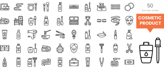 Stylized outline icons representing various cosmetic and beauty tools and products.