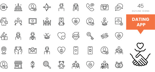 A collection of 45 outline icons representing various dating app features.