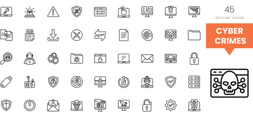 Collection of outline icons representing various aspects of cyber crimes.