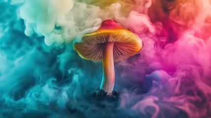 Vivid colorful mushroom surrealism with multicolored smoke in dreamlike unreality. Concept Vivid Mushroom Art, Colorful Smoke Photography, Surreal Imagery, Dreamlike Scenes, Unusual Unreality