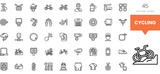 A diverse collection of cycling-related outline icons, including gear and accessories.