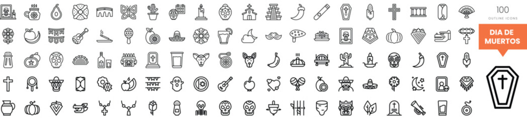 A vibrant collection of Day of the Dead icons and symbols in black line art style.
