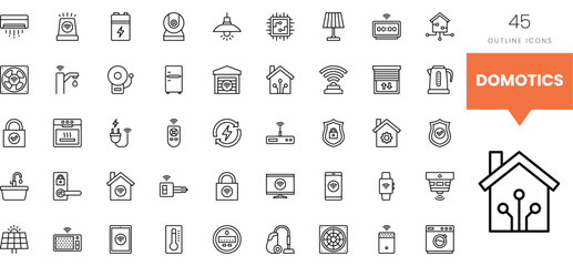 Set of 45 outline icons representing various home automation devices.