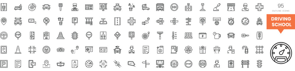 A collection of driving school related icons in various styles and shapes.