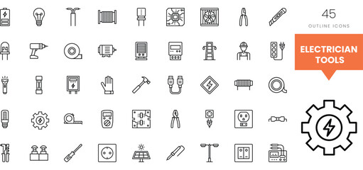 Collection of outline icons depicting essential electrician tools and equipment.