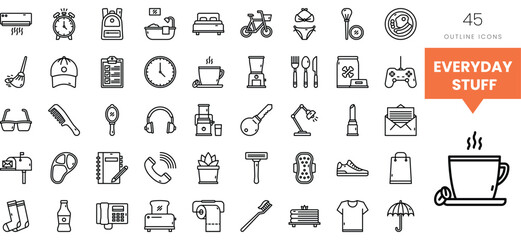 A collection of everyday items in simple outline icons, perfect for various design projects.