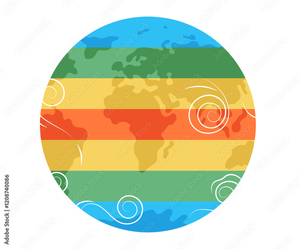Poster World map of colorful stripes. Horizontal stripes designed in gradient of spring colors on planet Earth. Simple flat vector illustration. Intricate changes of climate forces on global scale