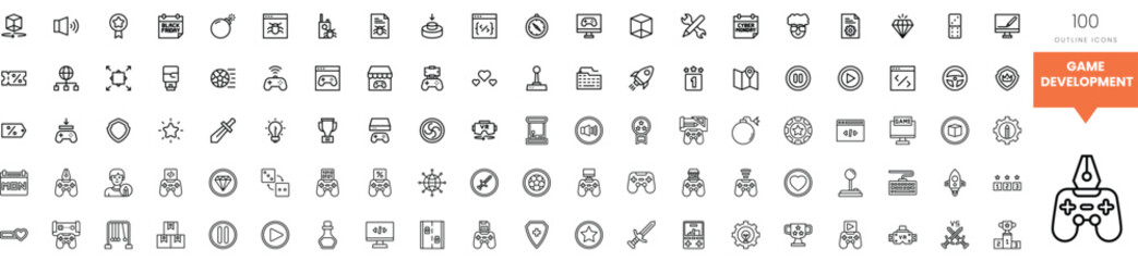 A collection of minimalist game development icons in black and white.