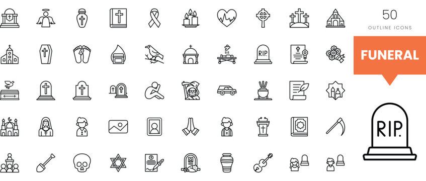 A collection of 50 outline icons representing funeral themes and symbols.