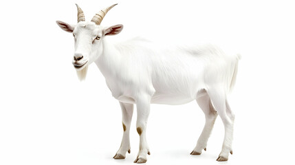 Fototapeta premium White goat standing against white background, farm animal, agriculture
