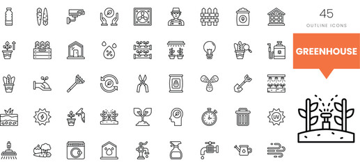 A collection of 45 outline icons representing greenhouse elements and gardening tools.