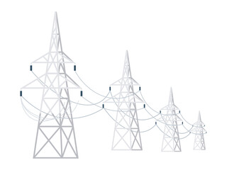 Series of transmission towers with interconnected power lines. Gradual change in size from large to small towers. Ideal for power distribution, infrastructure, technology, energy systems, electrical