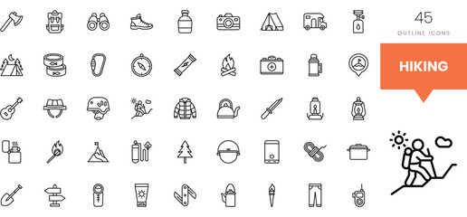 Collection of hiking-themed outline icons including gear and nature elements.