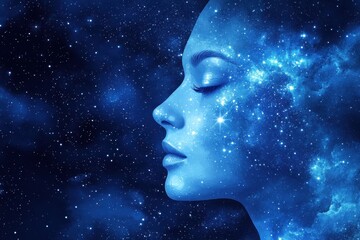 Serene female face merges with a starry night sky, cosmic dust swirling within. Illustrates dreams, spirituality, connection to the universe.