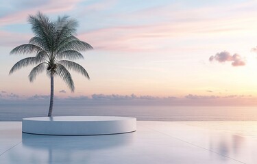 Obraz premium Minimalist podium with palm tree at sunset ocean view.