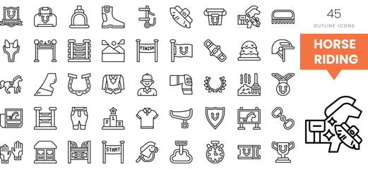 Outline icons illustrating various elements of horse riding and equestrian sports.