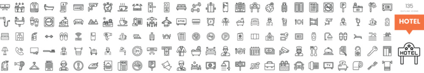 A collection of hotel-related icons in a minimalist design, featuring various services.
