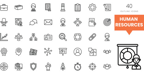 A diverse collection of human resource icons in a minimalist outline style.