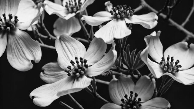 Black and white close-up of dogwood flowers on branches, artistic floral photography concept