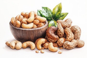 Fototapeta premium Cashews, peanuts, and walnuts in bowl, leaves.