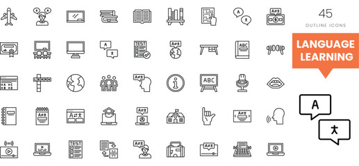 Collection of outline icons depicting language learning tools and resources.