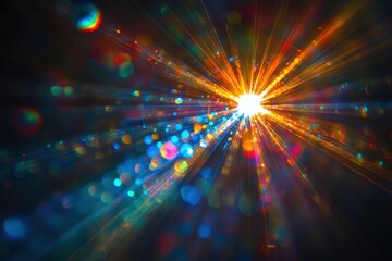 Obraz premium Vibrant light rays burst from center, colorful bokeh scattered throughout. Perfect for backgrounds, adding energy and excitement to designs.