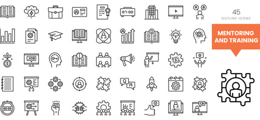 A diverse collection of mentoring and training icons in a minimalistic outline style.