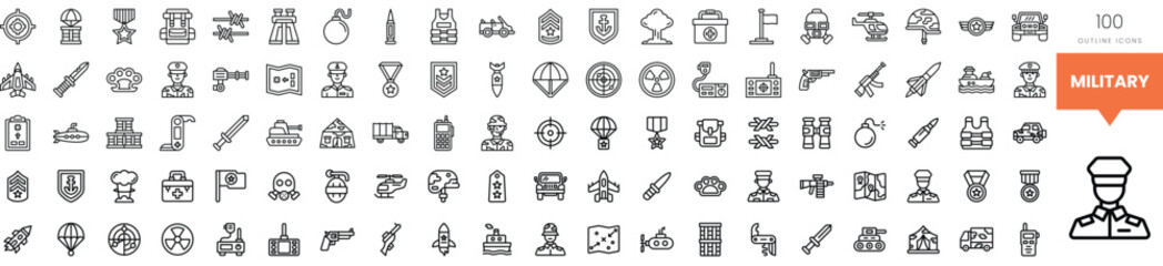 A collection of military-themed icons including medals, equipment, and vehicles.