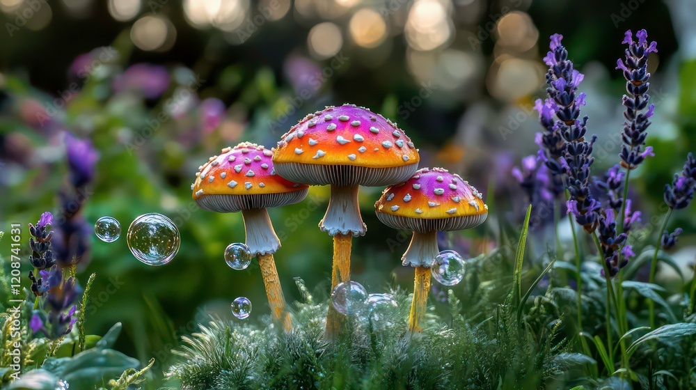 Poster whimsical mushrooms with colorful caps and floating bubbles, surrounded by greenery and lavender, cr