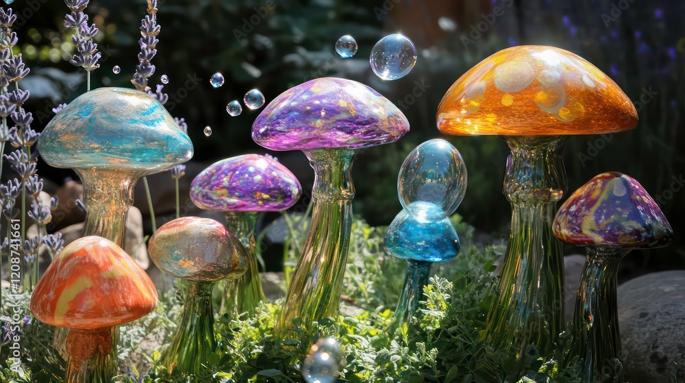 Poster whimsical mushrooms with colorful caps and floating bubbles, surrounded by greenery and lavender, cr