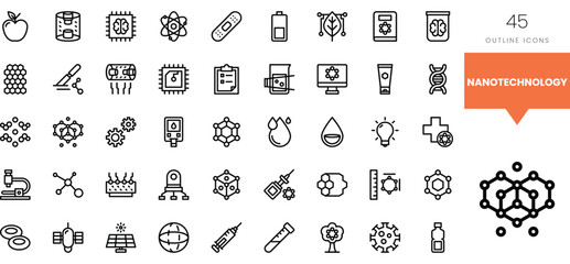 A collection of 45 outline icons representing various aspects of nanotechnology.