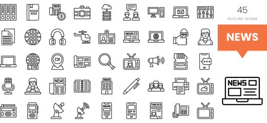 Diverse news-related outline icons representing various media forms and technologies.