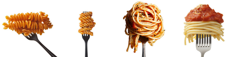 Set of pasta with tomato sauce on a fork, isolated on a transparent background.